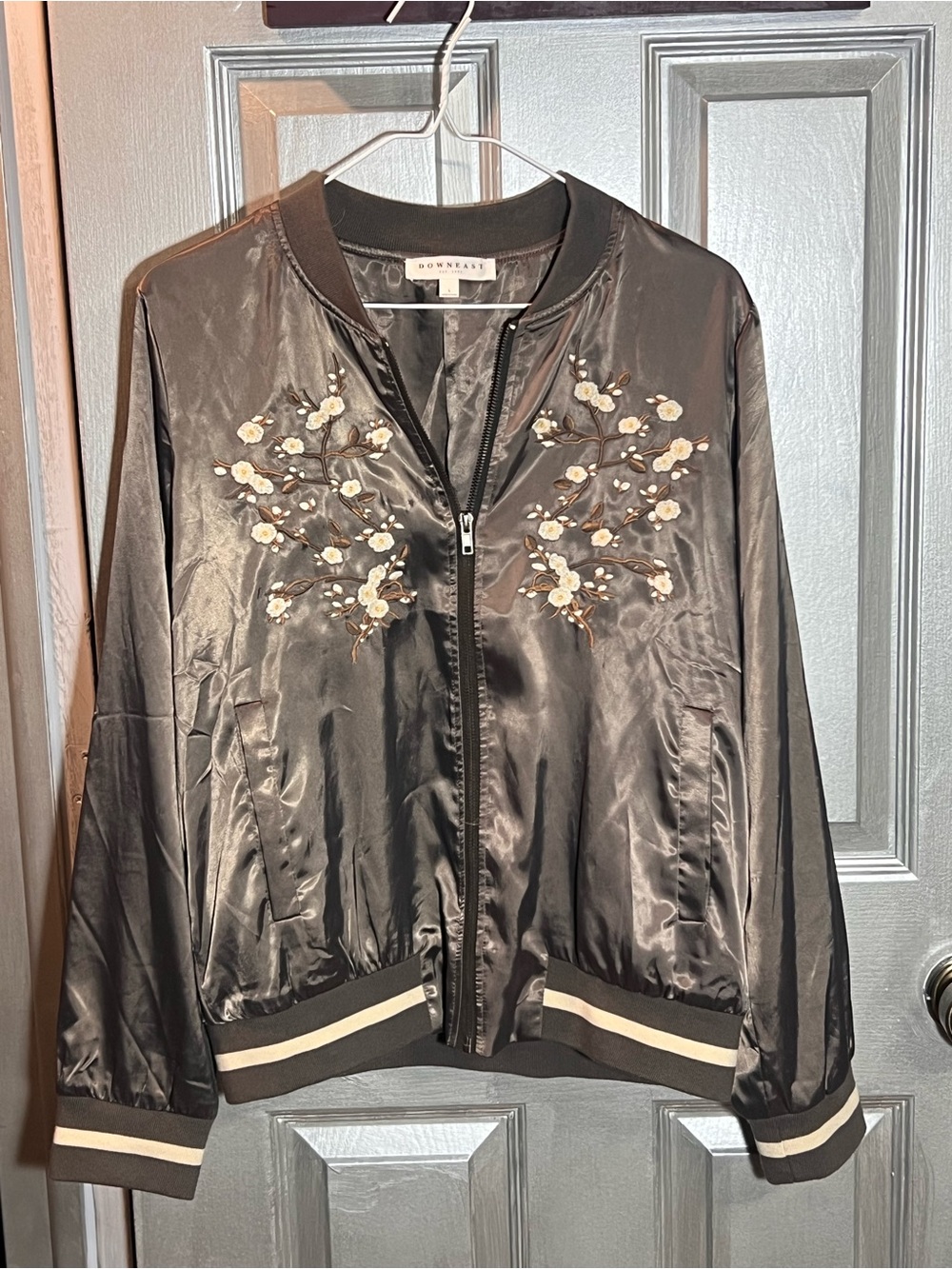 DownEast Black Satin Embroidered Bomber Jacket with Cream Accents